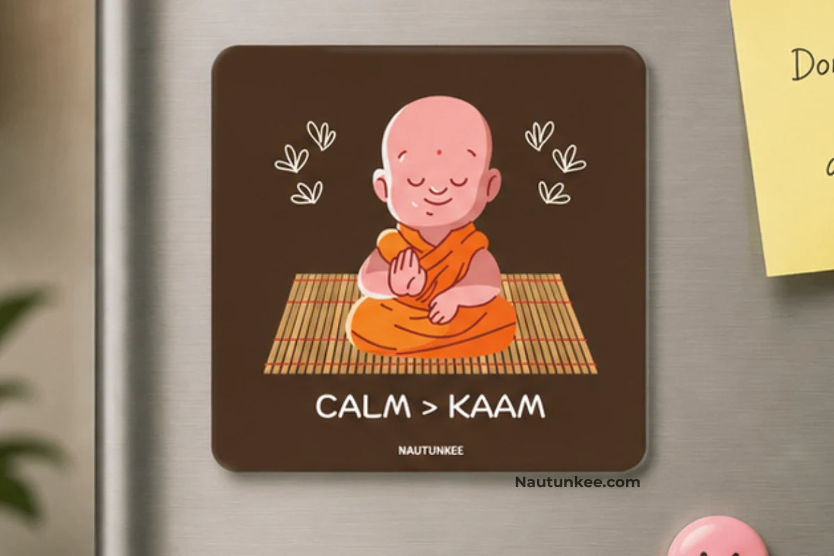 Calm > Kaam fridge magnet featuring a meditating monk illustration for refrigerator and office decor