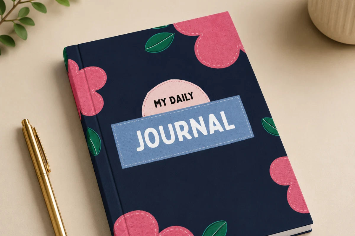 My Daily Journal A5 softbound notebook featuring a navy blue floral cover with pink flowers and green leaves for journaling, note-taking, and daily writing.