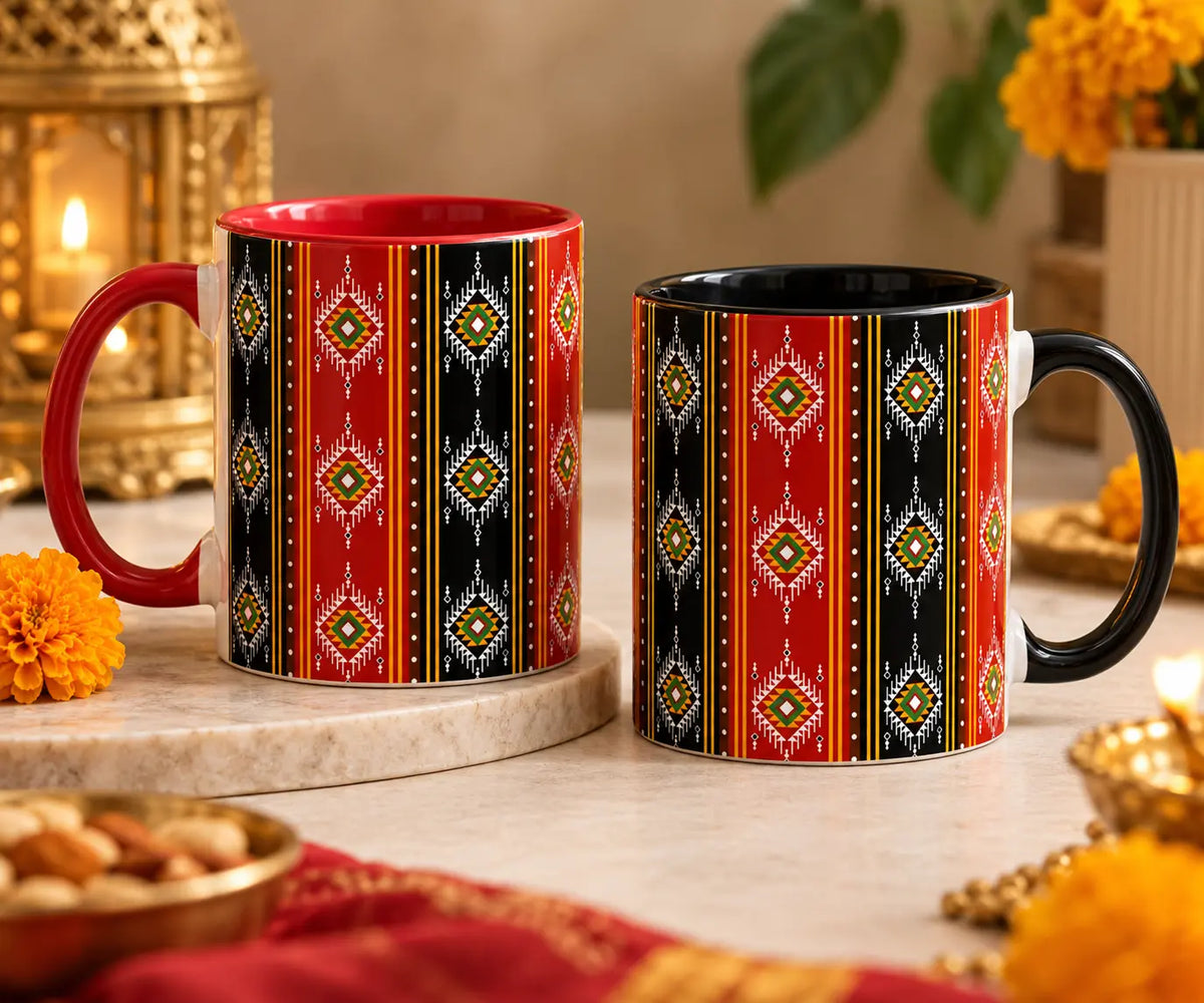 Two Indian geometric ceramic mugs in red and black, displayed together as a Diwali gift set by Nautunkee