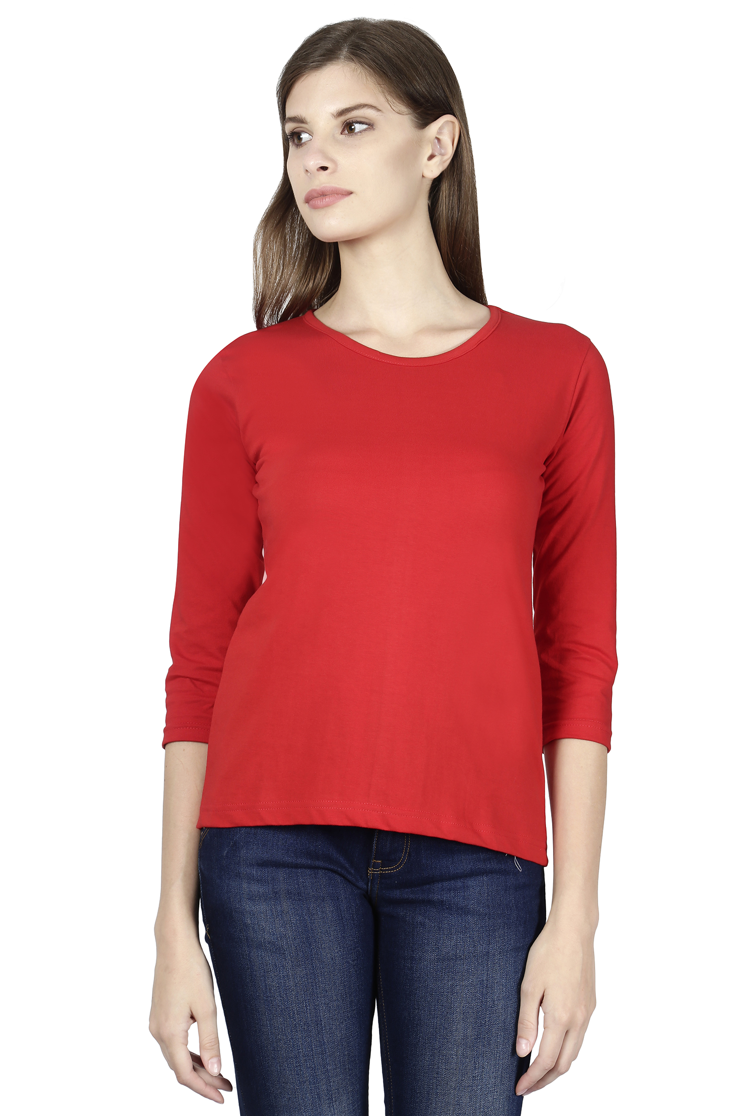 Crew Neck 3/4 Shirt Women's Plain Red Women 3/4 Sleeve Round