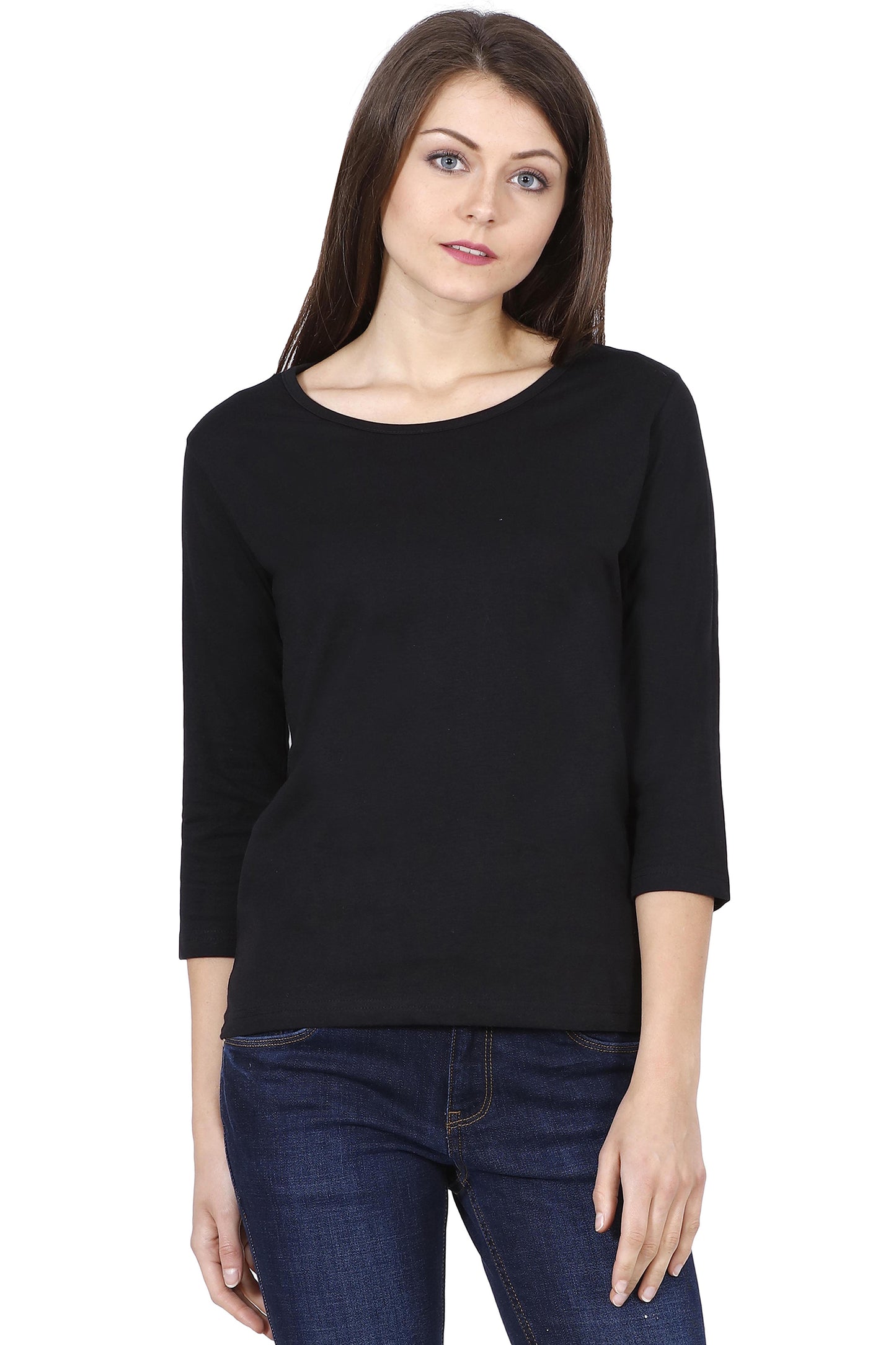 Plain Black | Women 3/4 Sleeve Round Neck T-Shirt