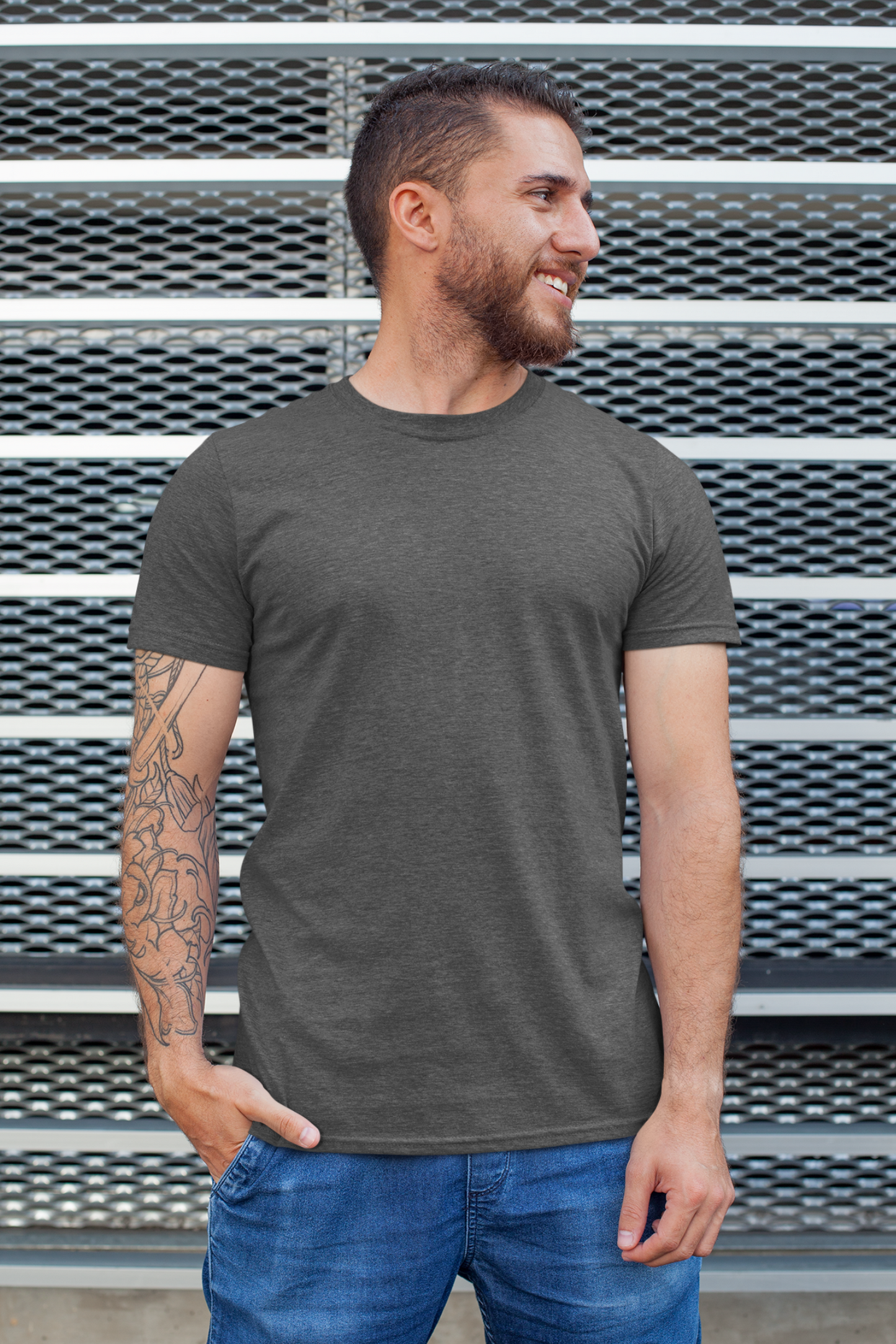 Plain Charcoal Grey Men Half Sleeves Round Neck T-shirt