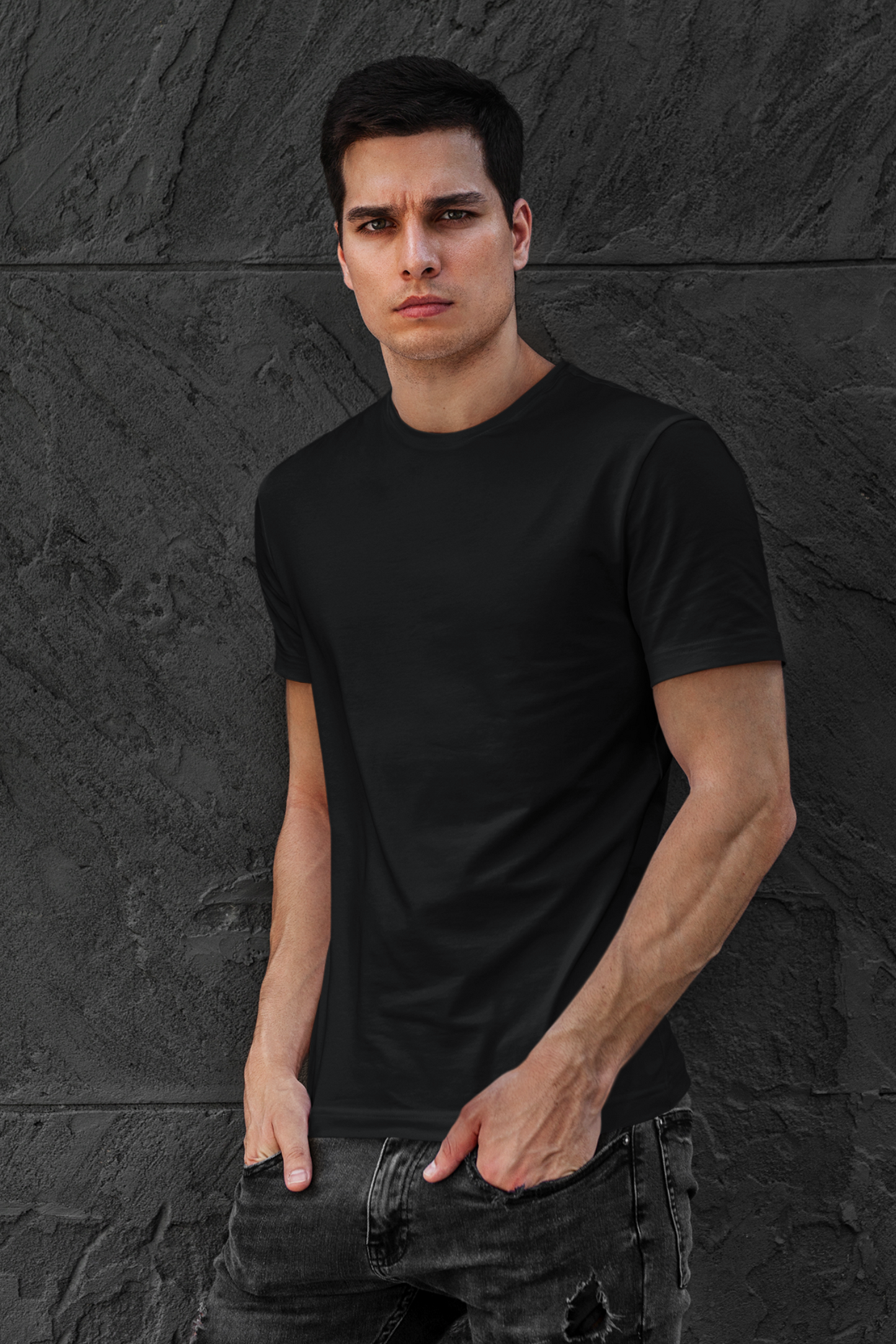 Plain Black Men Half Sleeves Round Neck T-shirt