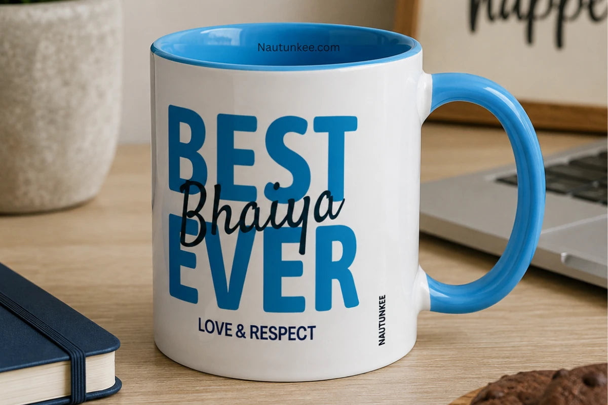 Best Bhaiya Ever ceramic coffee mug with a blue handle and blue inner finish, featuring bold typography and Love & Respect text, perfect as a Rakhi gift for brother.