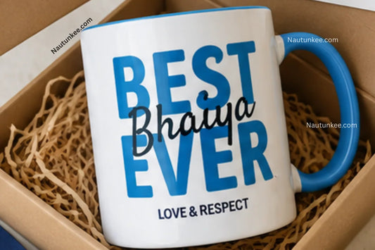A white ceramic mug with a blue handle and rim, featuring the printed message 'BEST Bhaiya EVER LOVE & RESPECT'. The mug is nestled inside a cardboard gift box, a perfect rakhi gift by Nautunkee
