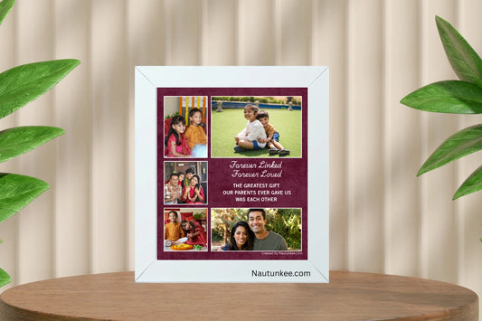 A white square photo frame with siblings customised photos, easily available for gifting purpose on rakhi.