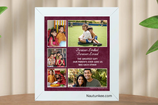 A white square photo frame with siblings customised photos, easily available for gifting purpose on rakhi.