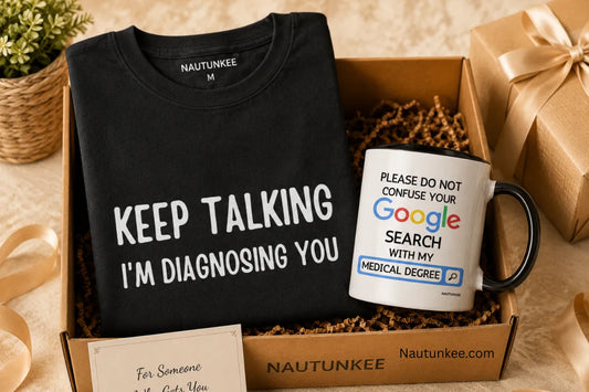 Doctor gift hamper featuring a funny doctor T-shirt and medical-themed coffee mug, perfect for gifting your doctor brother on rakhi.