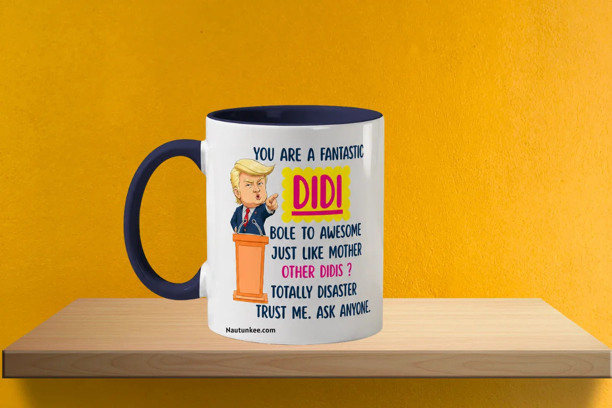 Funny Didi ceramic coffee mug with politician-inspired cartoon, perfect Raksha Bandhan gift for elder sister.