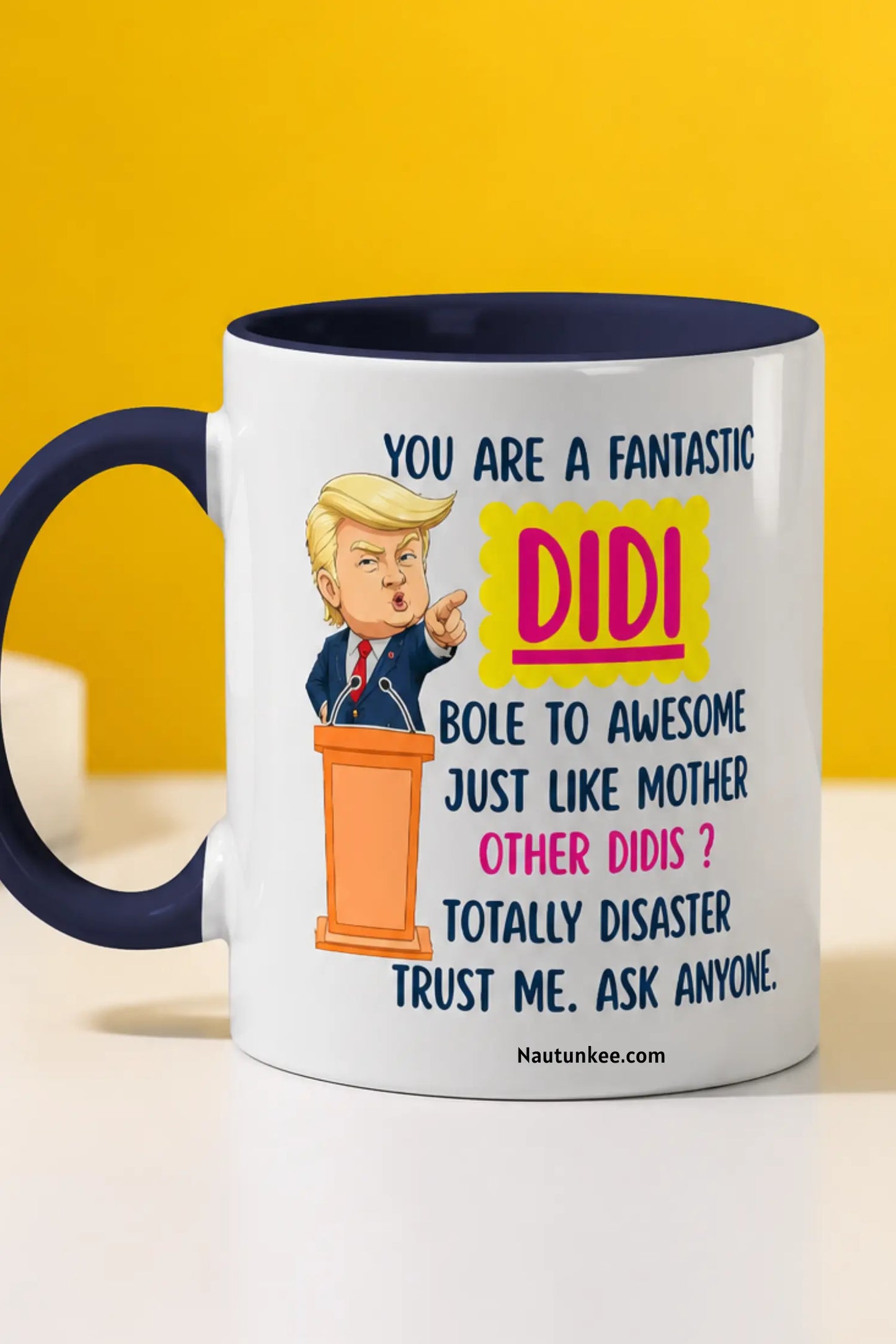 Funny Didi ceramic coffee mug with politician-inspired cartoon, perfect Raksha Bandhan gift for elder sister.