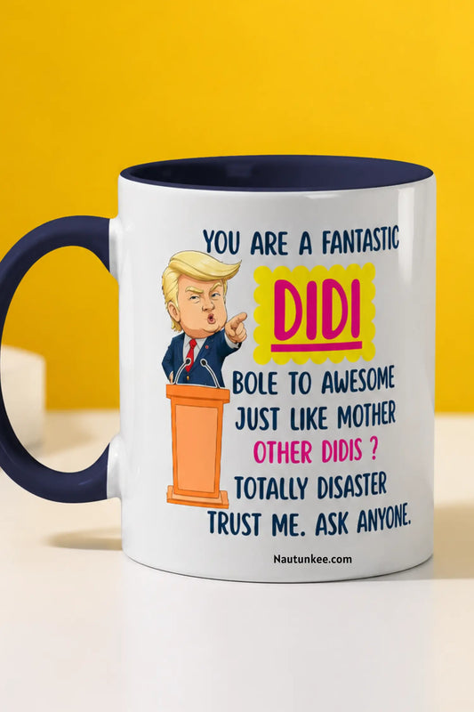 Funny Didi ceramic coffee mug with politician-inspired cartoon, perfect Raksha Bandhan gift for elder sister.