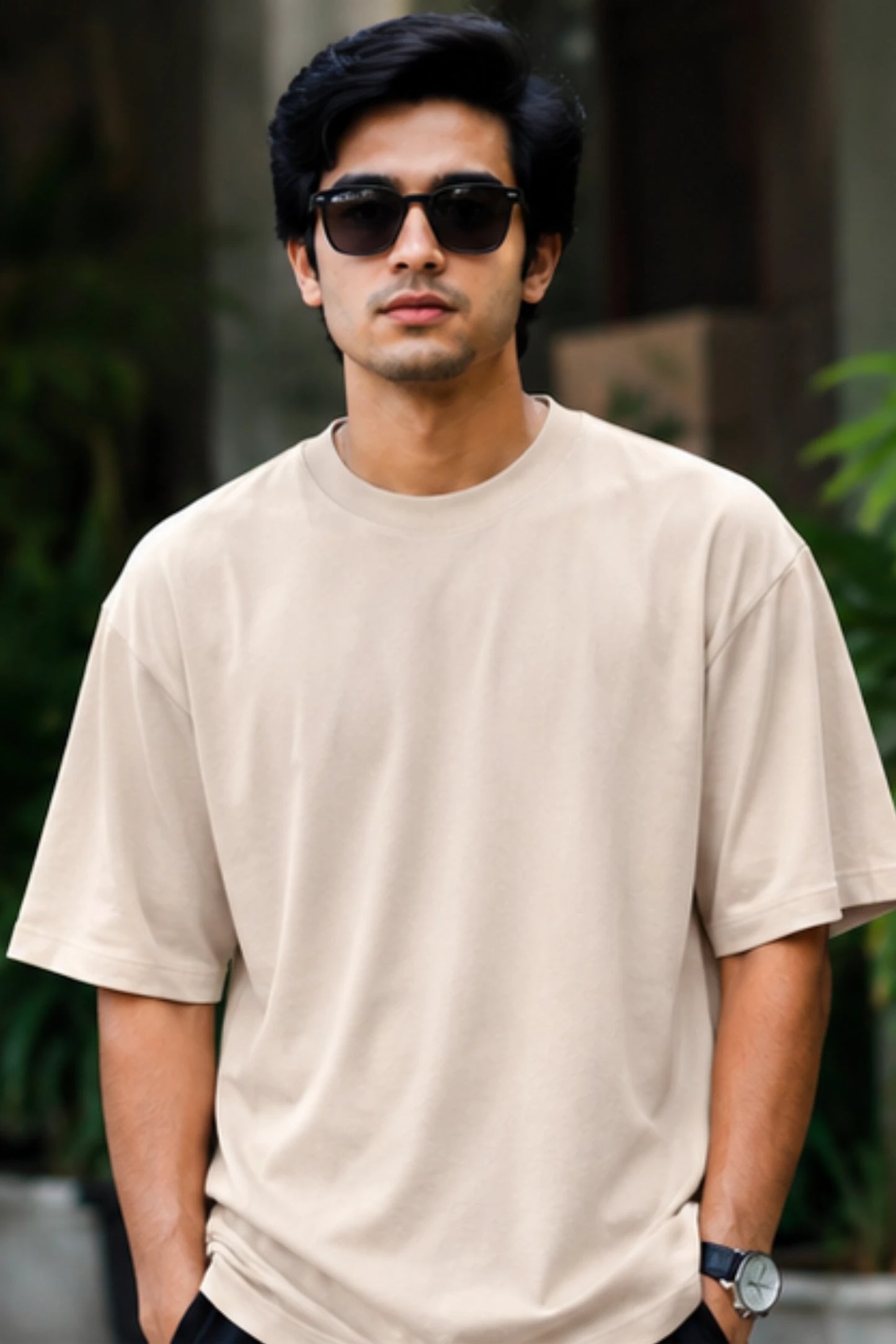 Model wearing Beige Oversized French Terry T-Shirt front view