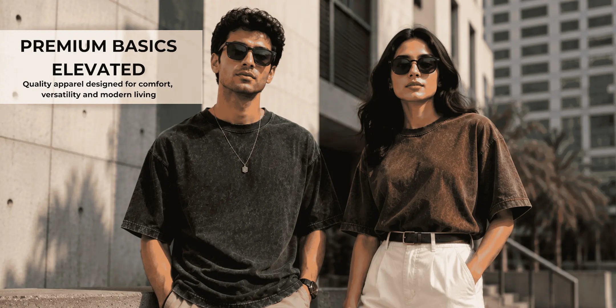 Nautunkee premium basics oversized t-shirt lifestyle banner featuring male and female models in acid wash oversized tees.