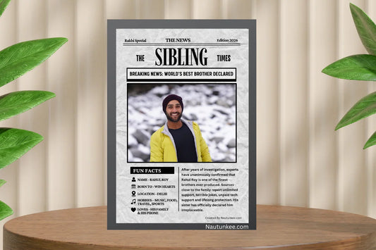 Personalized newspaper-style Raksha Bandhan poster featuring a brother's photo, custom headline, fun facts and heartfelt message.
