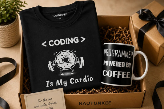 Rakhi gift hamper for a software engineer brother featuring a Coding Is My Cardio T-shirt and Programmer Powered by Coffee ceramic mug.