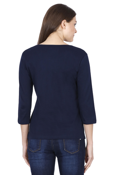 Plain Navy Blue | Women 3/4 Sleeve Round Neck T-Shirt