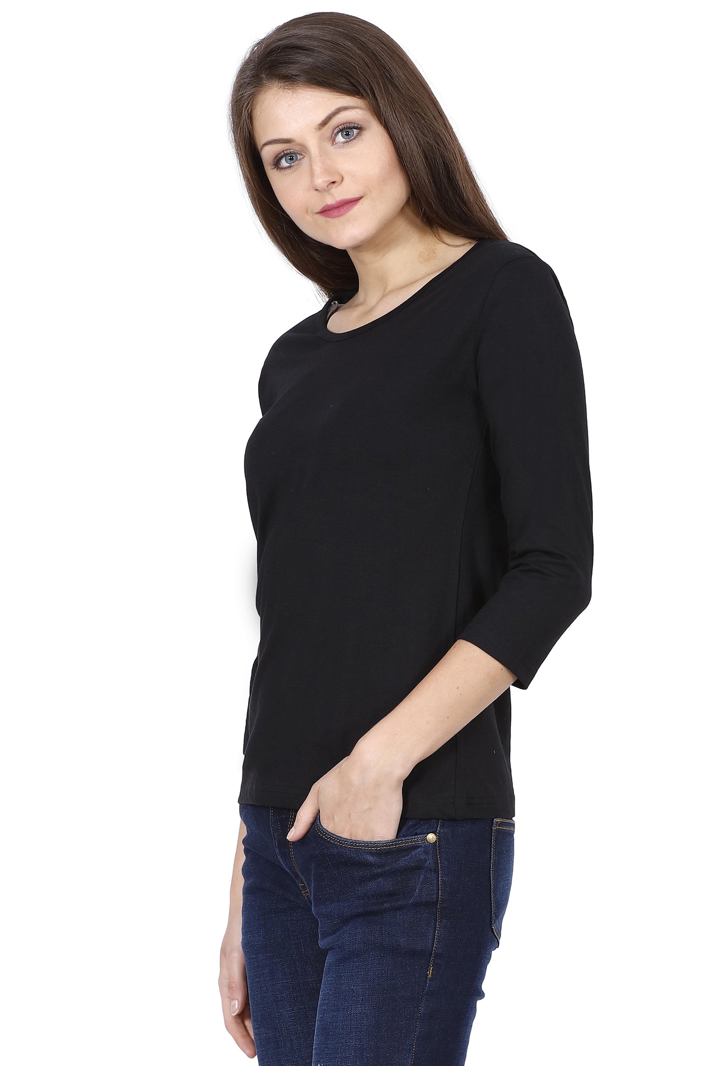 Plain Black | Women 3/4 Sleeve Round Neck T-Shirt