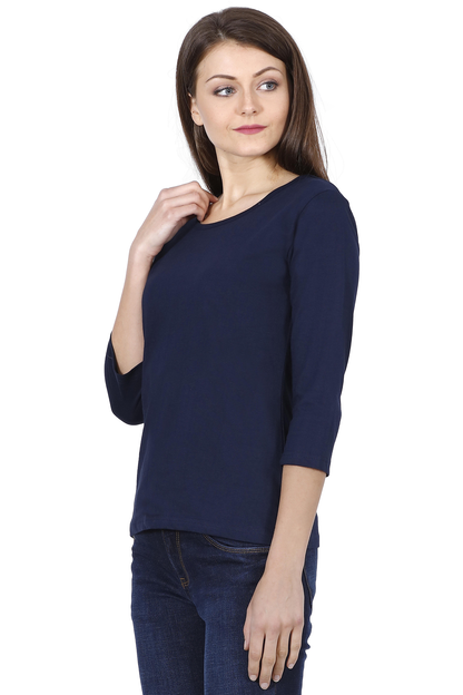 Plain Navy Blue | Women 3/4 Sleeve Round Neck T-Shirt