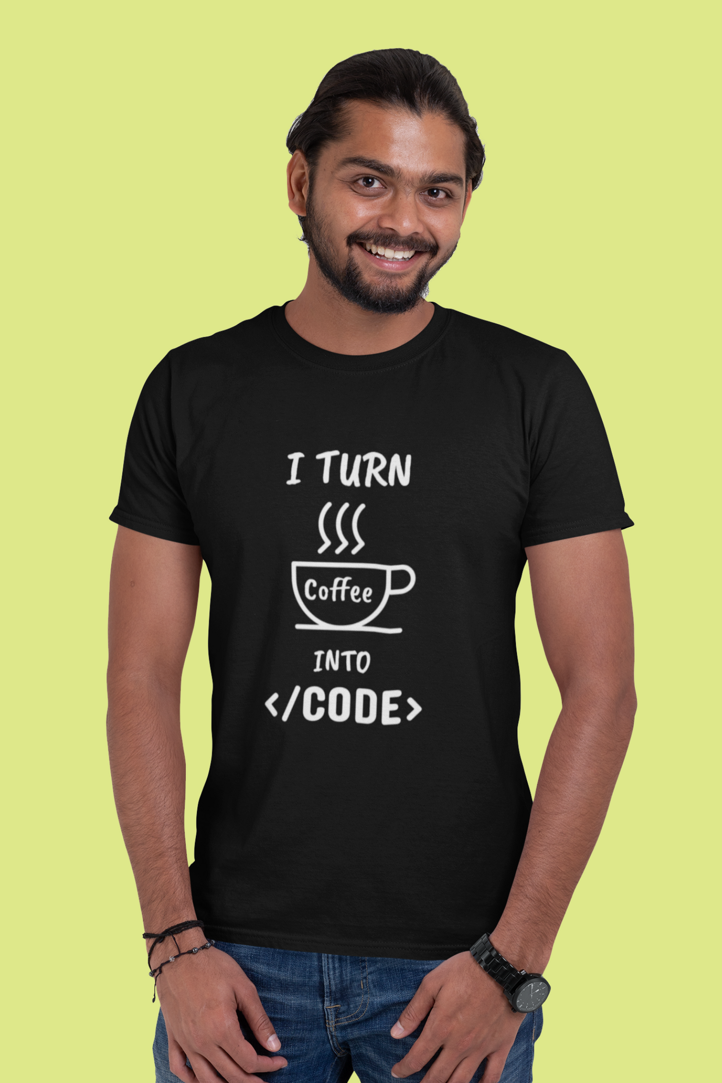 I Turn Coffee Into Code | Men Half Sleeves Round Neck T-Shirt
