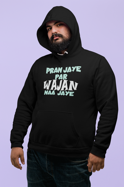 Pran Jaye Par Wajan Naa Jaye Printed Black Hoodie For Men