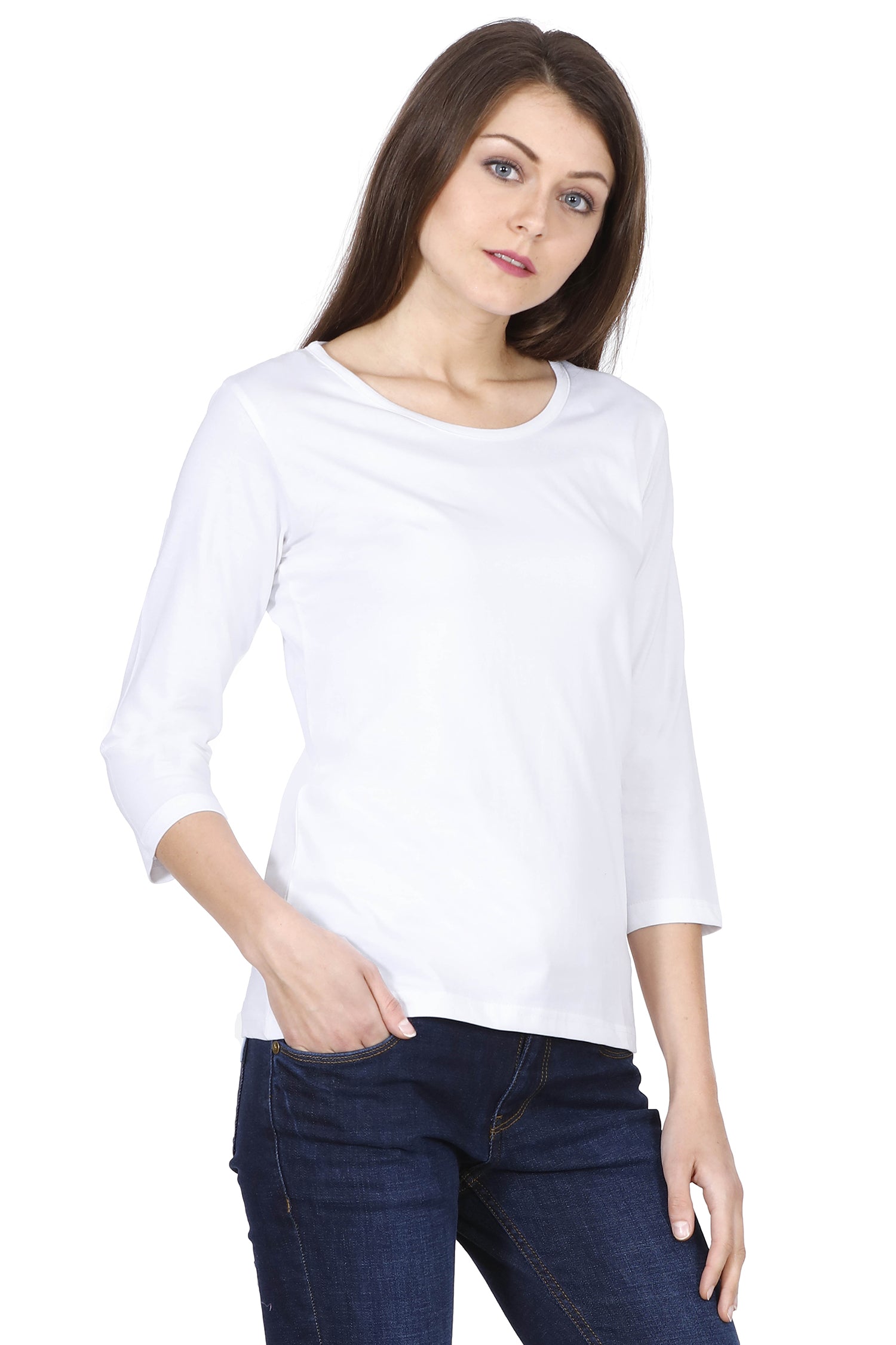 Plain White Women 3/4 Sleeve Round Neck T-Shirt – Nautunkee